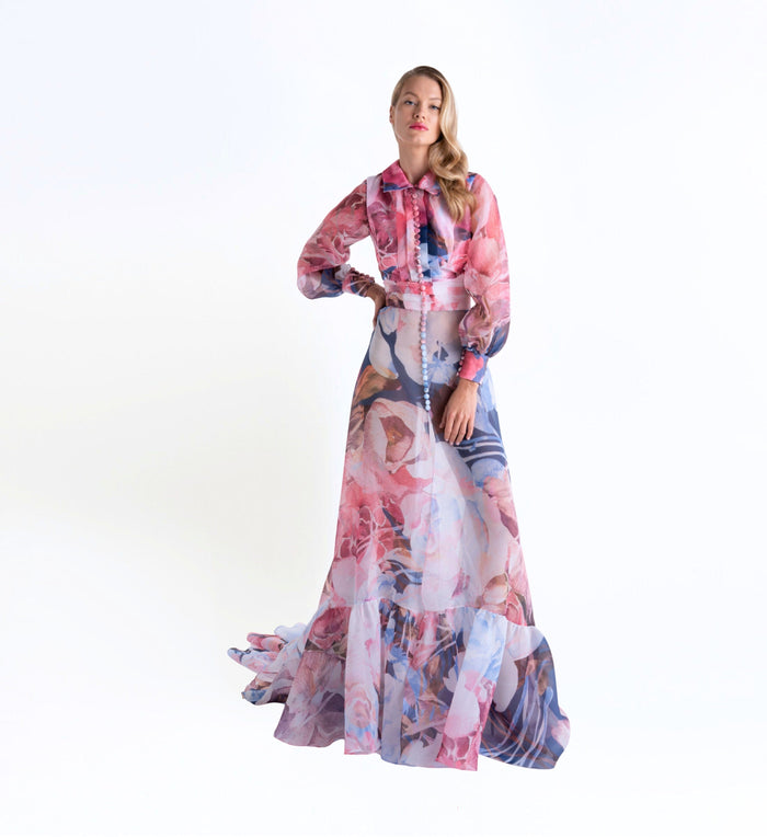 Long Puff Sleeve Asymmetric Floral Dress
