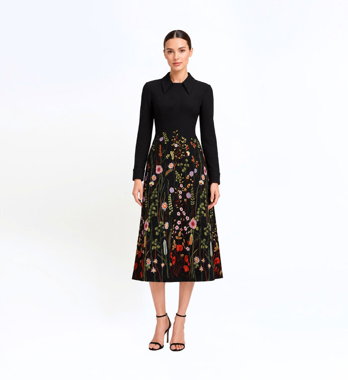 Thread Embroidered Longsleeves Midi Dress