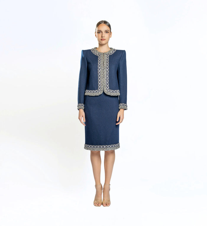 Beaded wool jacket, short and skirt