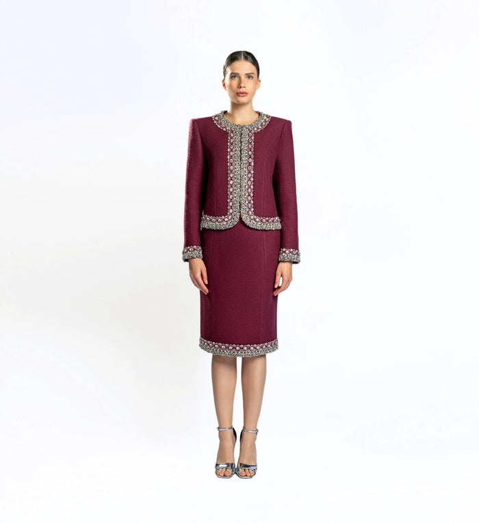 Beaded wool jacket, short and skirt