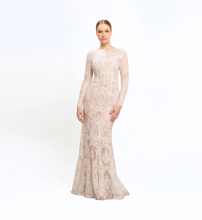 Thread embroidered longsleeves gown