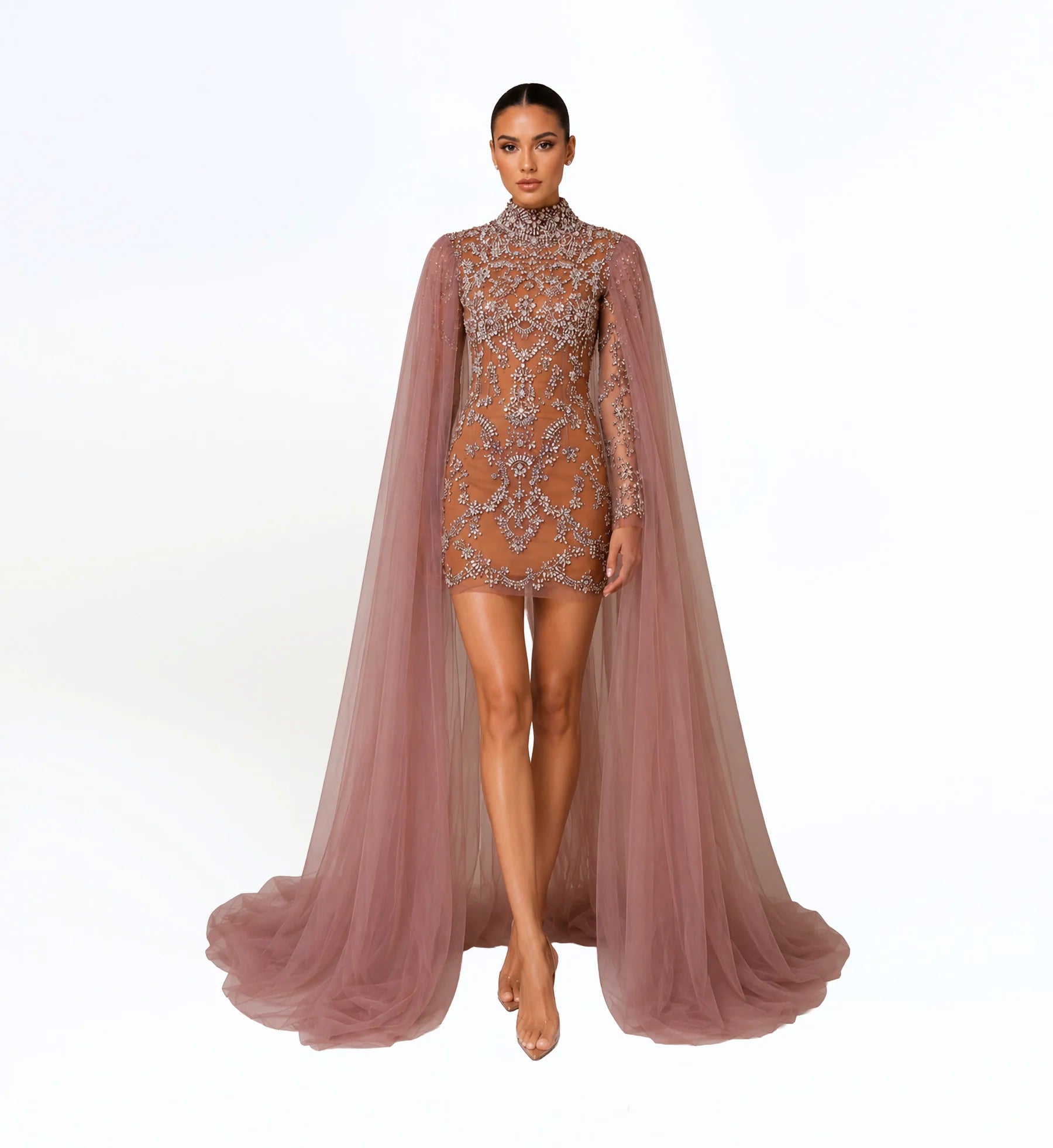Embellished Mini Dress with Cape