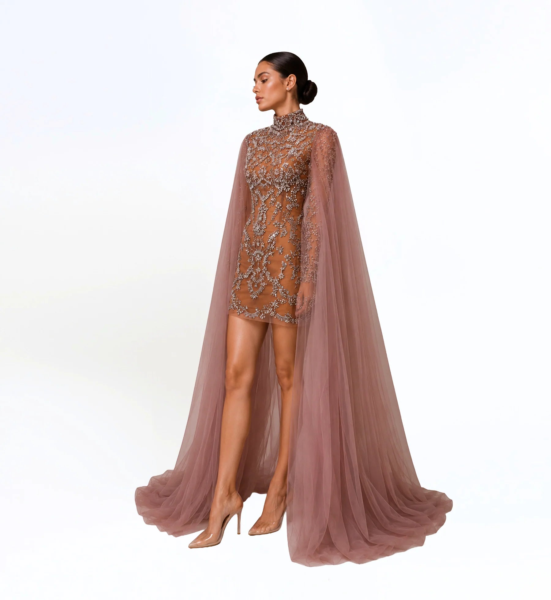 Embellished Mini Dress with Cape