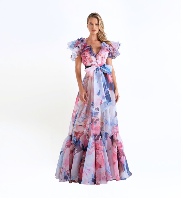 Ruffle- Sleeve Floral-Print Dress