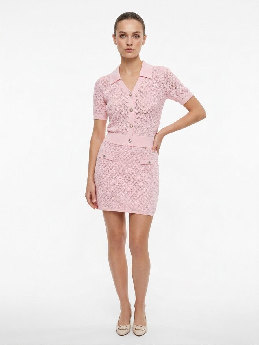 Joli pink knitted matching short sleeve top and skirt