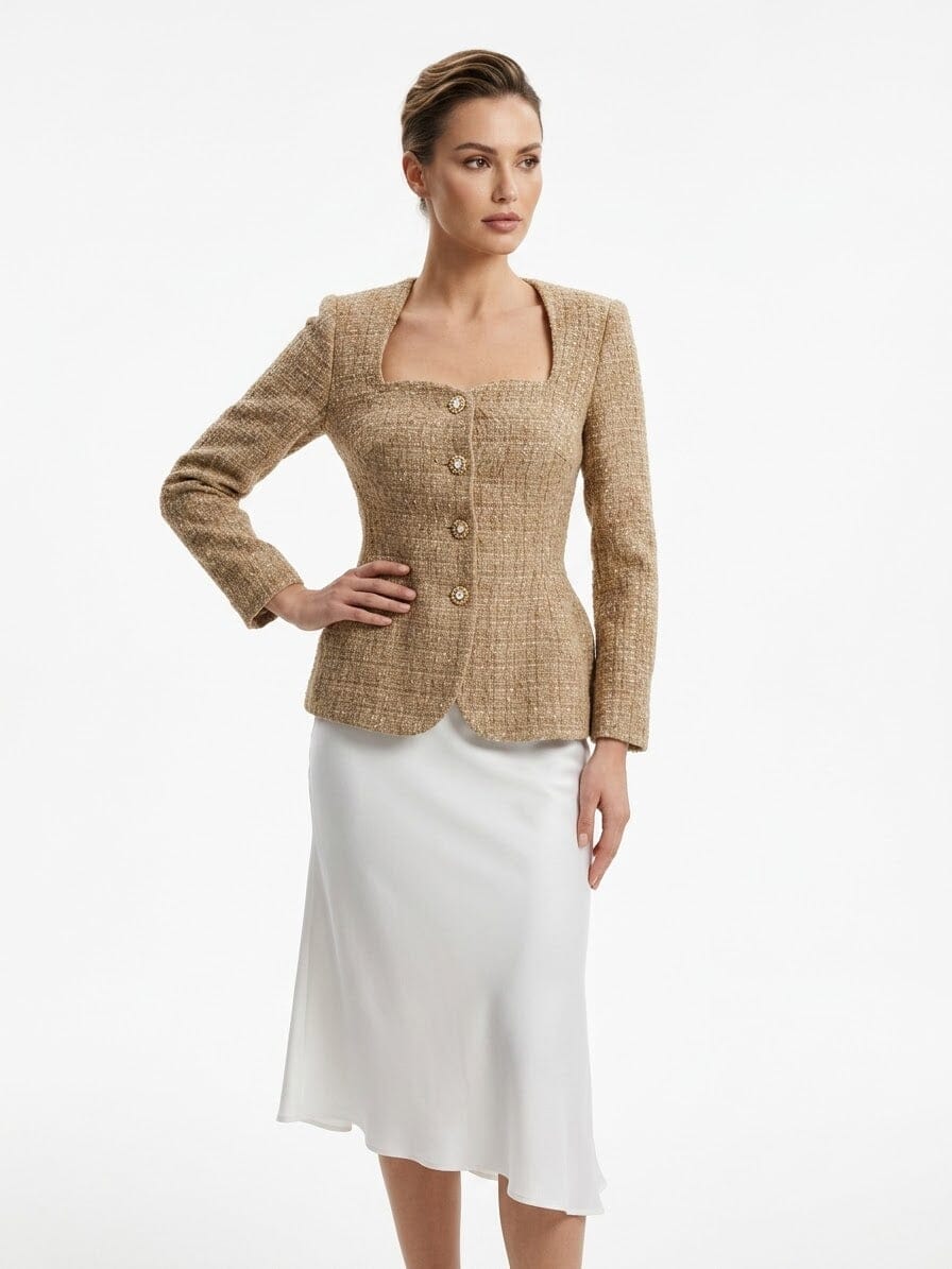 A long‑sleeved tweed top