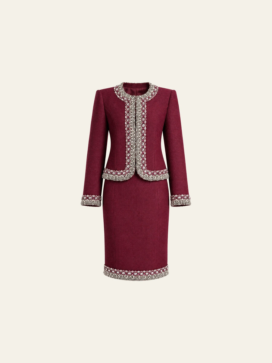 Beaded wool jacket, short and skirt