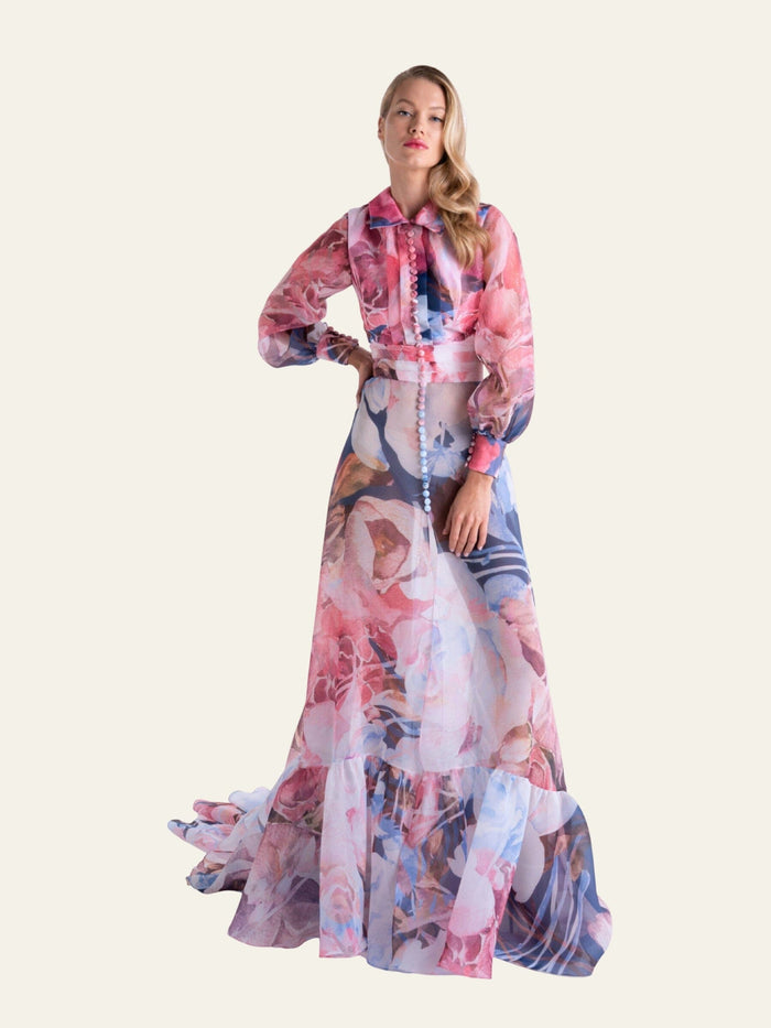 Long Puff Sleeve Asymmetric Floral Dress