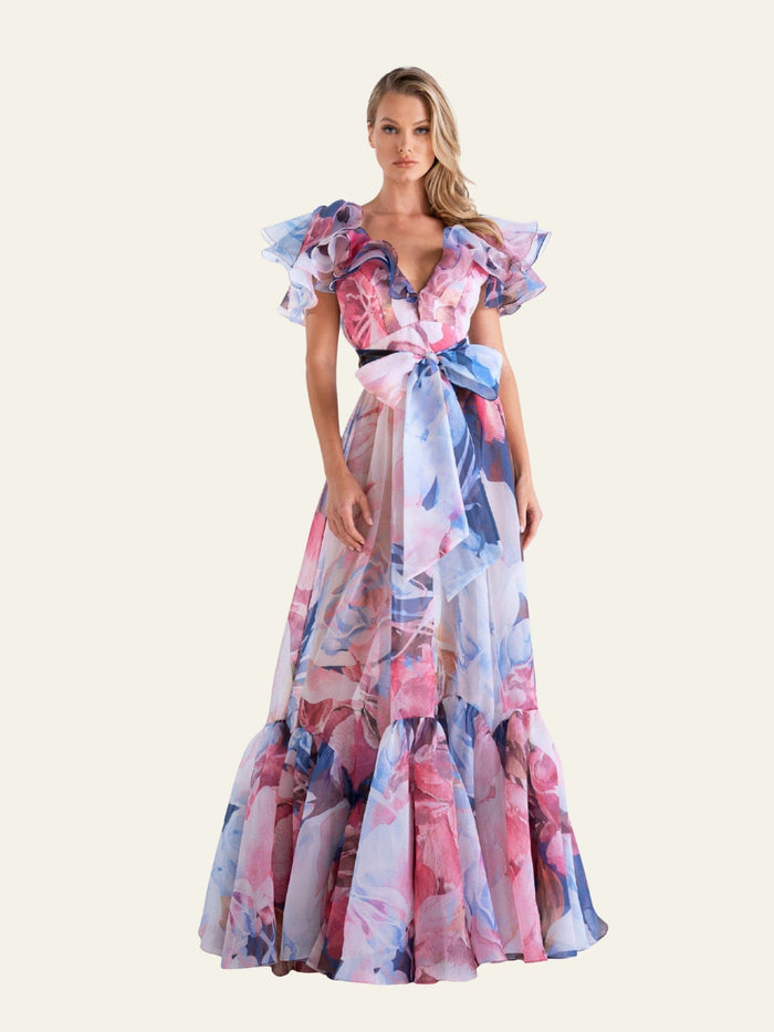 Ruffle- Sleeve Floral-Print Dress