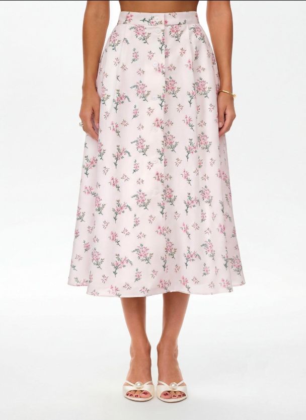 Midi skirt with pleats and buttons, pink flower