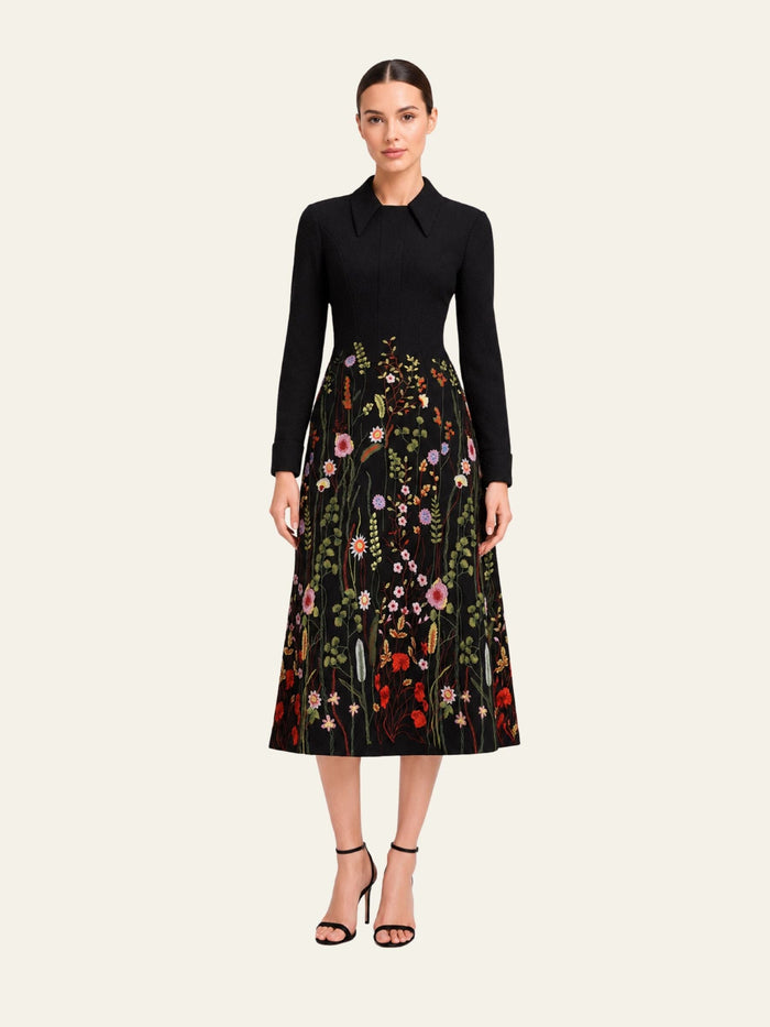 Thread Embroidered Longsleeves Midi Dress