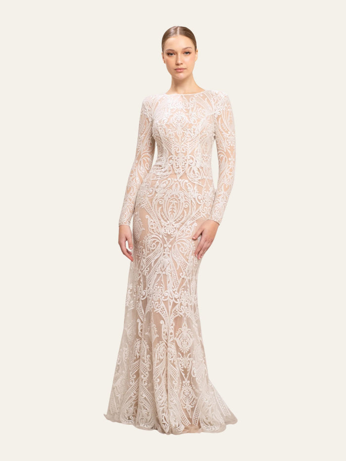 Thread embroidered longsleeves gown