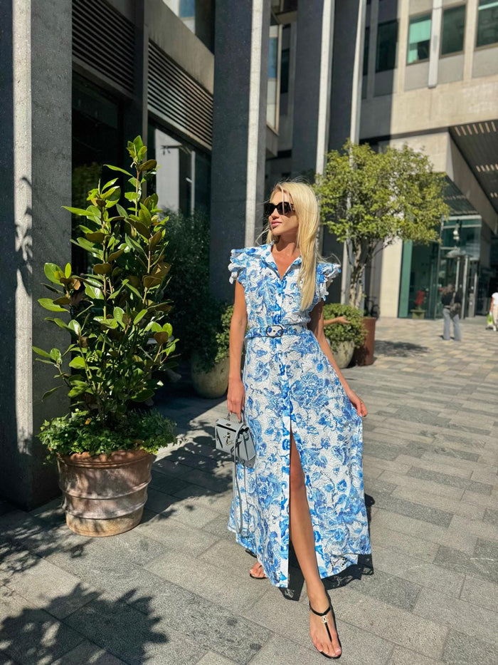 Blue flower print elegant long dress with belt