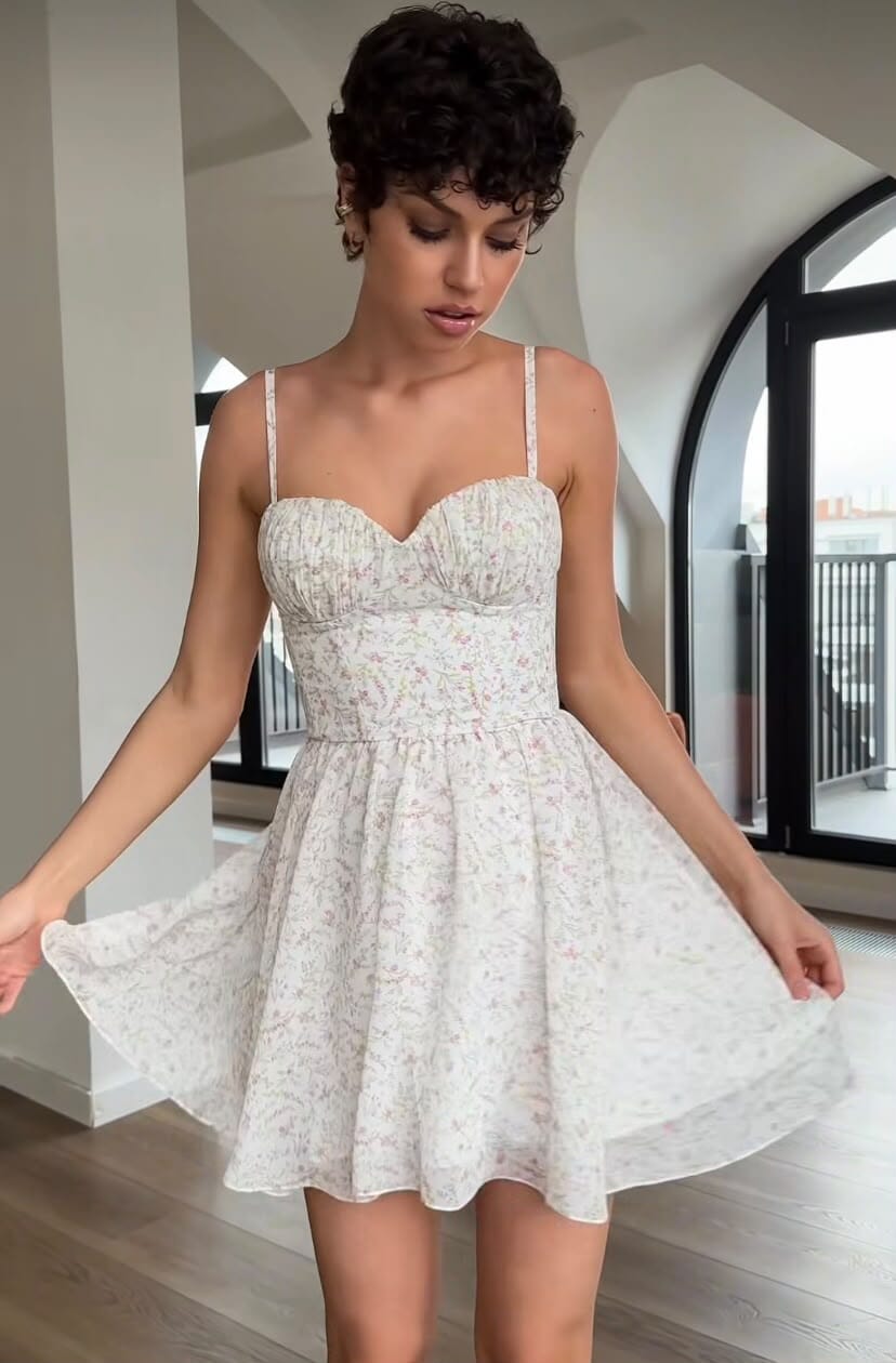 Mini strapless bustier dress with a floral print
