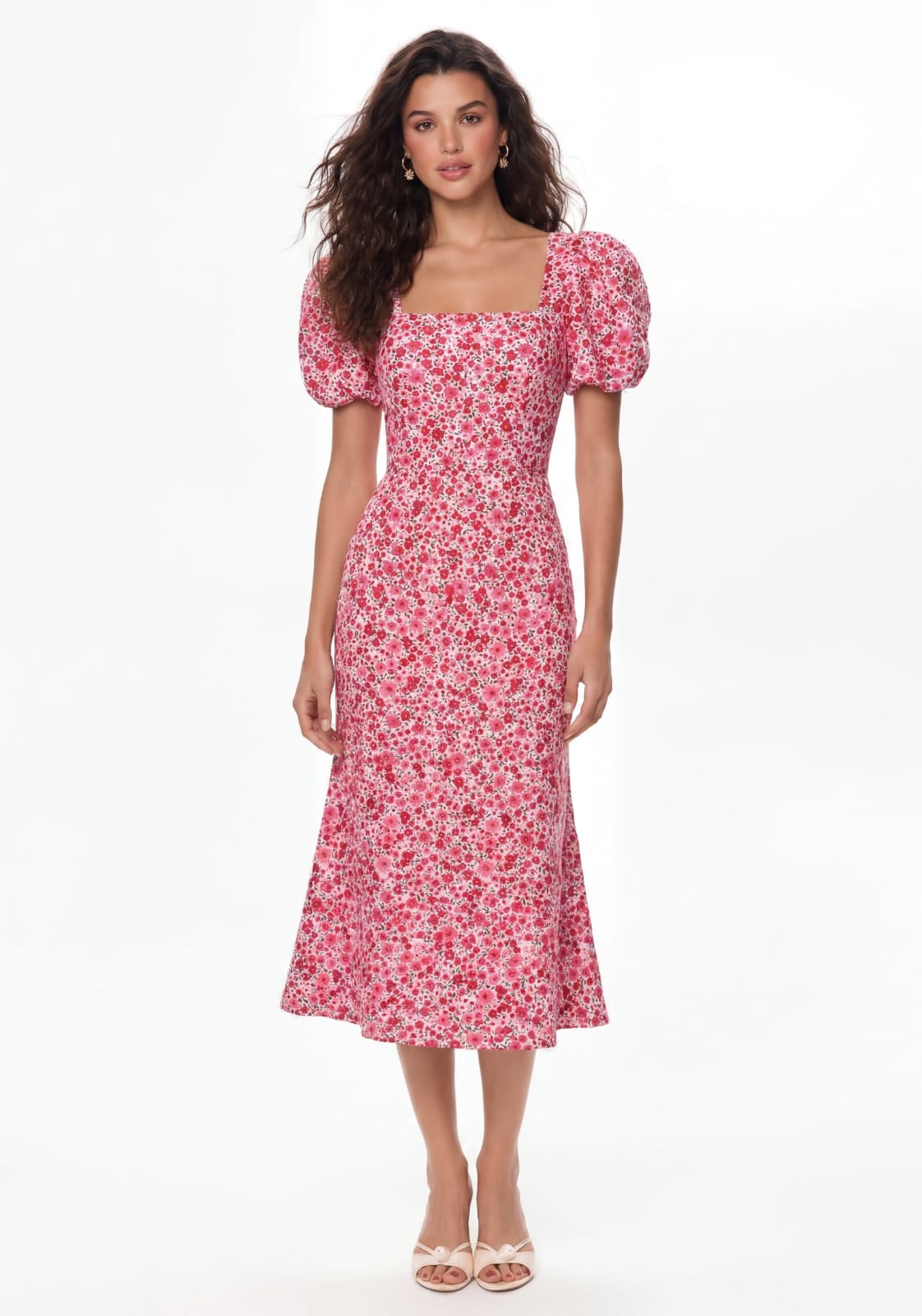 Midi dress with a square neckline and floral pattern
