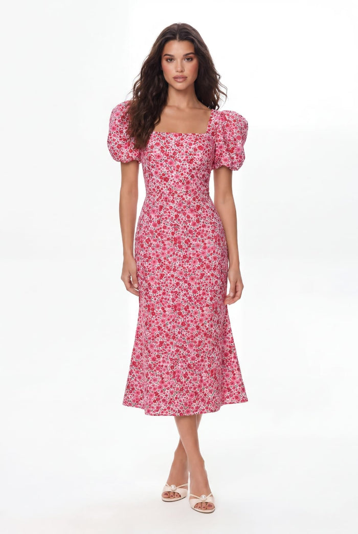 Midi dress with a square neckline and floral pattern