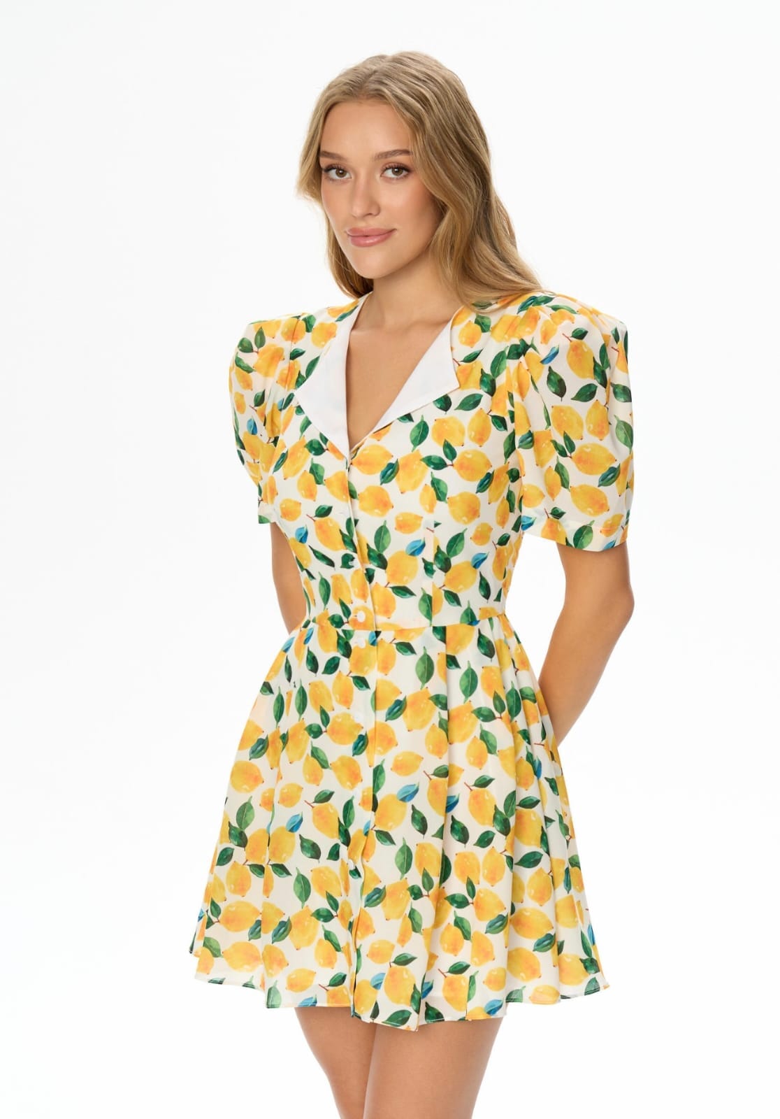 Button-down short-sleeved lemon-colored mini dress