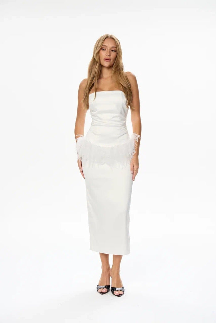 A maxi dress with feathers