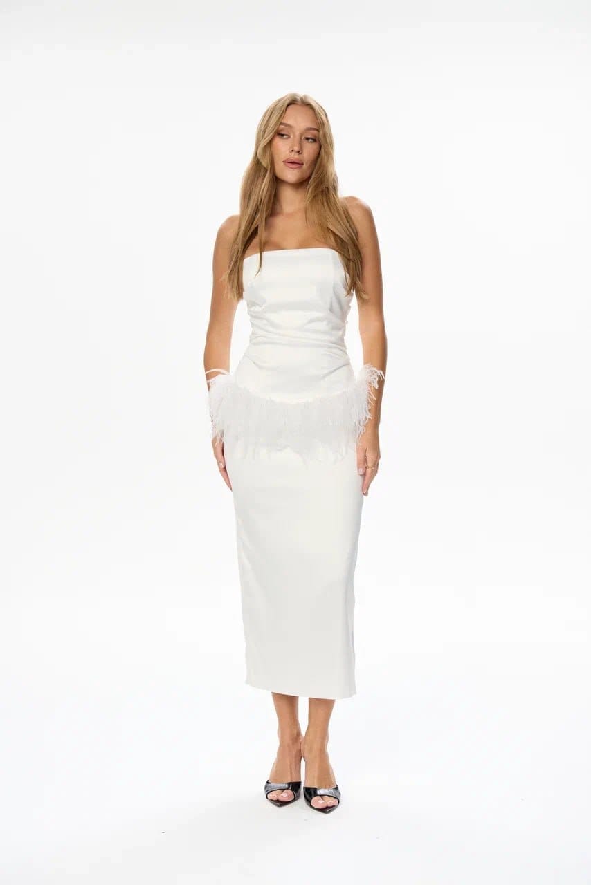 A maxi dress with feathers