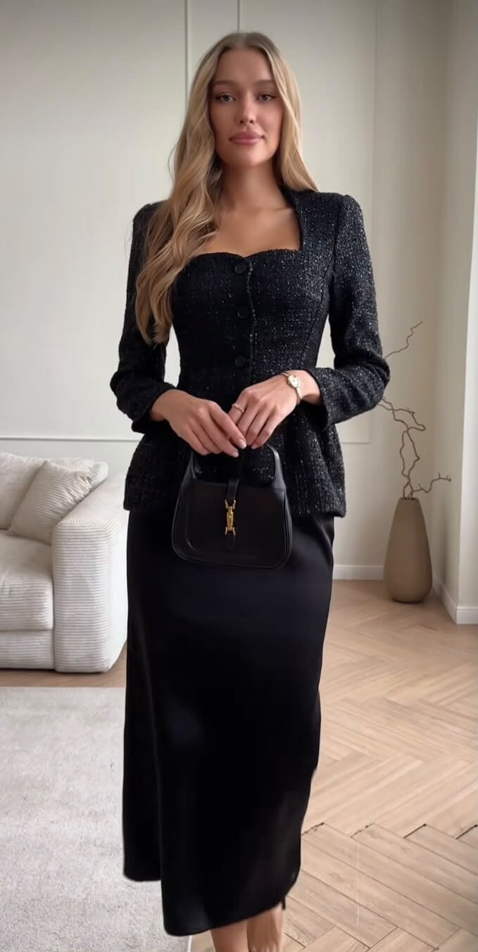 A long‑sleeved tweed top