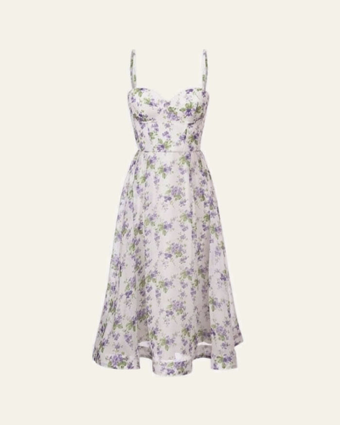 Bustier midi Dress purple print white
