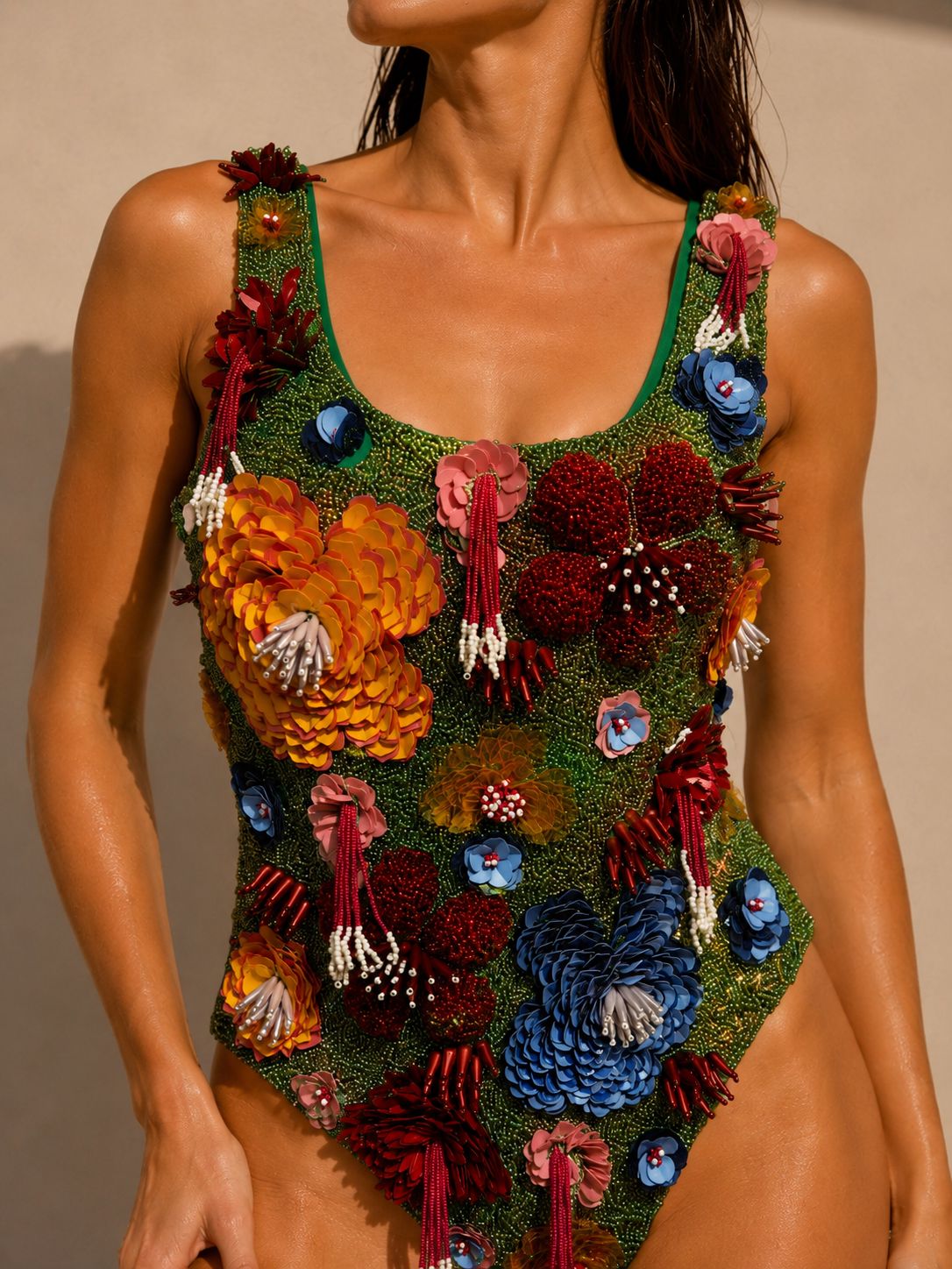 Green Garden Blooms beaded swimsuit