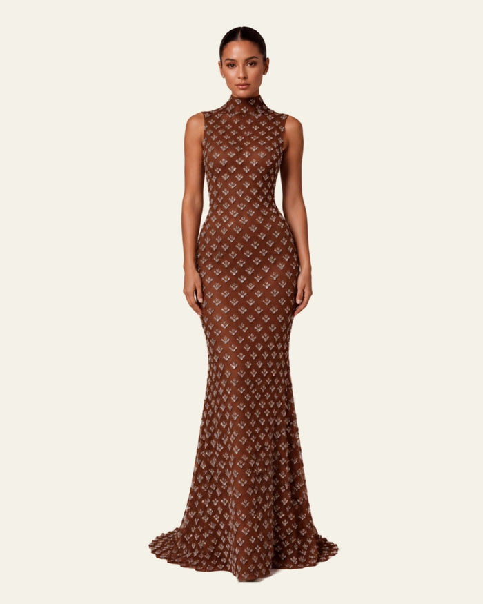 High Neck Crystal-Embellished Gown