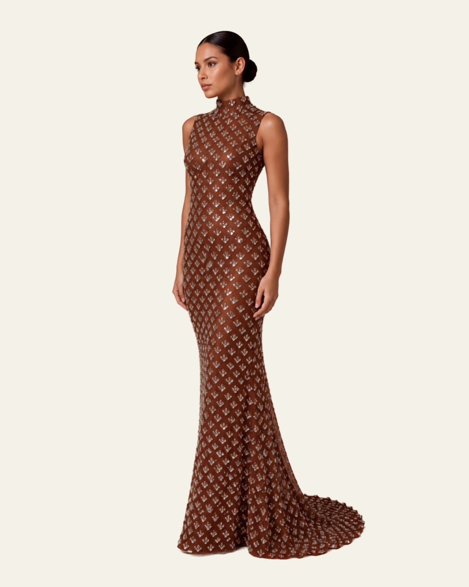 High Neck Crystal-Embellished Gown