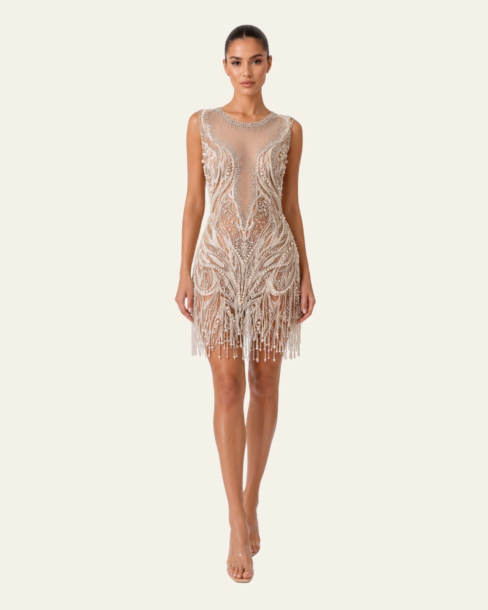 Pearl Embellished Fringe Mini Dress
