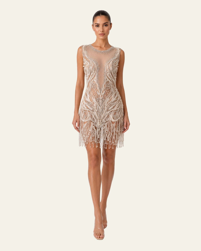 Pearl Embellished Fringe Mini Dress