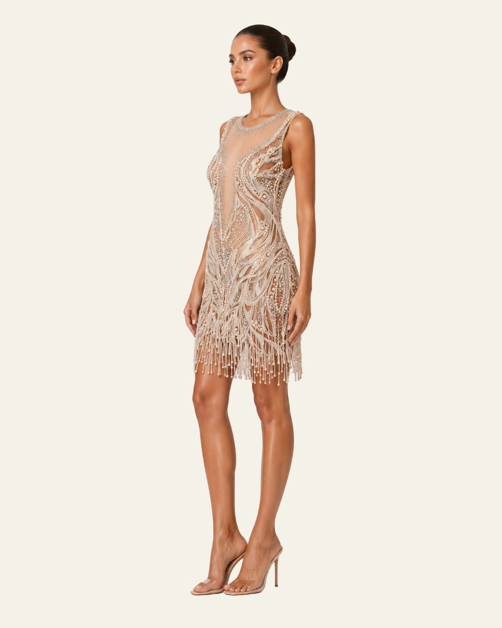 Pearl Embellished Fringe Mini Dress