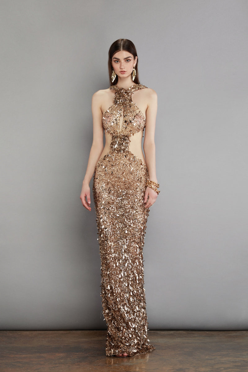 jasmine maxi dress in gold & floral bronx and banco Bronx and Banco Jasmine Strapless Floral Appliqu Sheer Maxi Dress