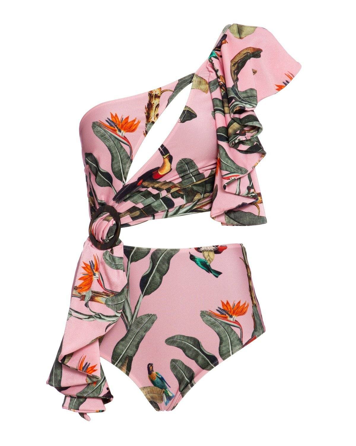 Tropical Print One Shoulder Swimsuit